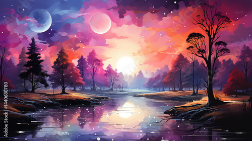 Watercolor painting morning on the lake in the reflection of water, fabulous landscape
