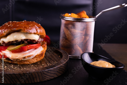 hamburger and fries on table 