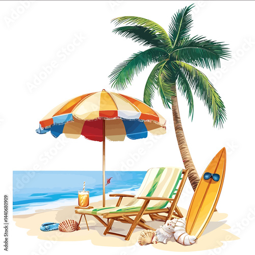 Vector cartoonrealistic style beach umbrella palm tree sunglasses chaise lounge surfboard sun hat inflatable lap snorkeling mask seashells and tropical drink with umbrella Each item