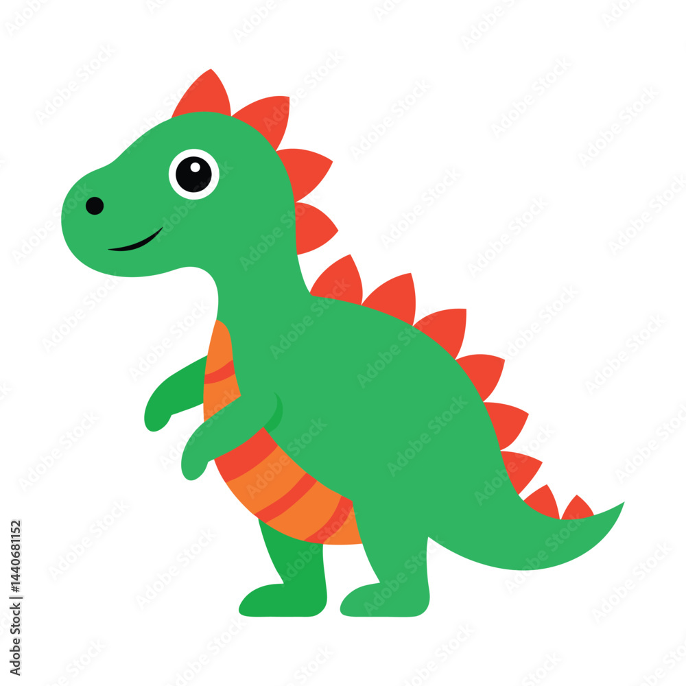 Fototapeta premium Cute green cartoon dinosaur vector illustration with orange stripes