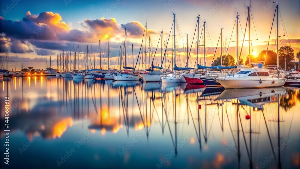 Fototapeta premium Sailboats reflections on still water near marina with blurred background and soft lighting creating dreamy nautical atmosphere