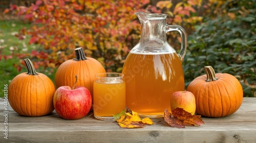 Autumnal scene with apple cider, pumpkins, and apples.