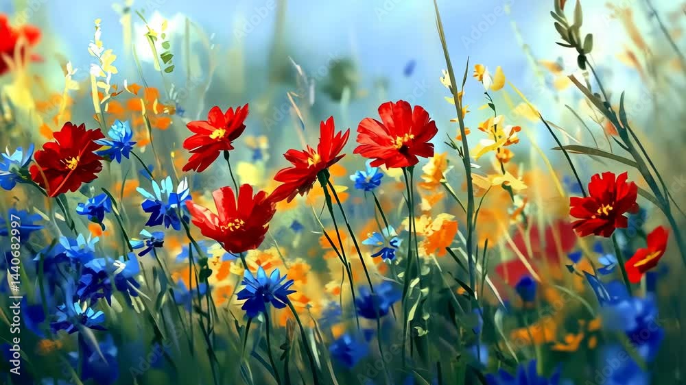 Floral Symphony: A vibrant and dynamic tableau of wildflowers in full bloom, their colorful petals dancing in the gentle breeze, create a scene of pure natural beauty.