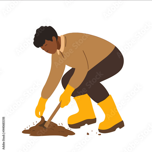A person wearing yellow rubber boots and a brown shirt is digging the ground This is a simple flat vector illustration on a white background with simple shapes and low details It is