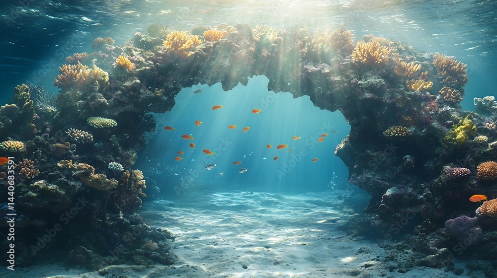 Obraz premium A picturesque coral underwater reef archway with tropical fish swimming through bathed in shimmering light as the tide creates soft underwater currents cut out on isolated transparent background