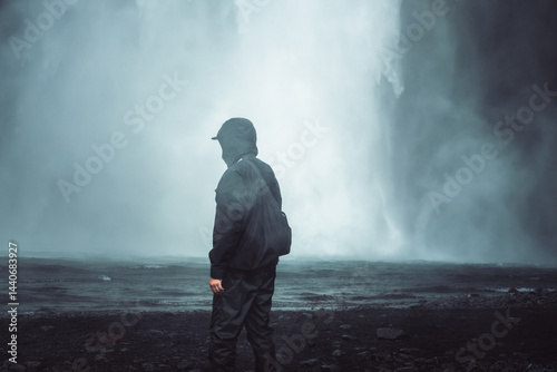 Mann in Outdoor-Kleidung vor Wasserfall im Nebel. Stimmungsvolle Szene eines Mannes in dunkler Outdoor-Kleidung, der an einem nebelverhangenen Wasserfall steht. 
