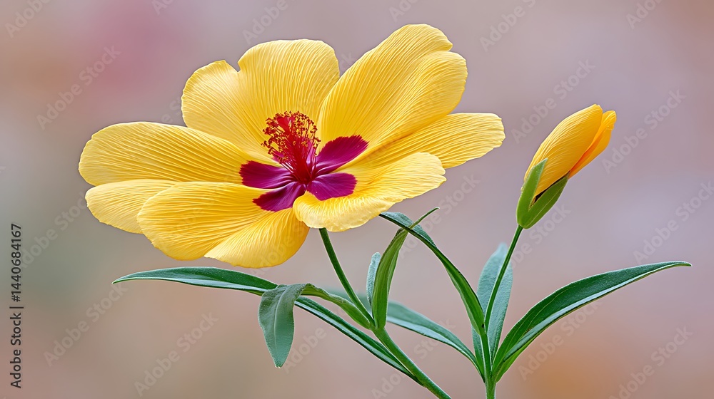 Obraz premium Vibrant yellow flower with a deep purple center, and a bud against a soft bokeh backdrop