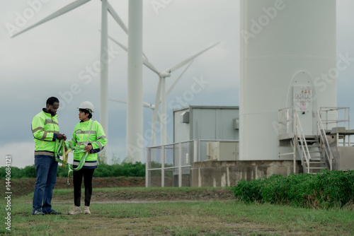 Wallpaper Mural Wind turbine. Technology and Sustainable Energy Innovation Concept of Renewable Energy from Wind. Two engineer check and examining wind turbines in wind farm, renewable energy, sustainable environment Torontodigital.ca