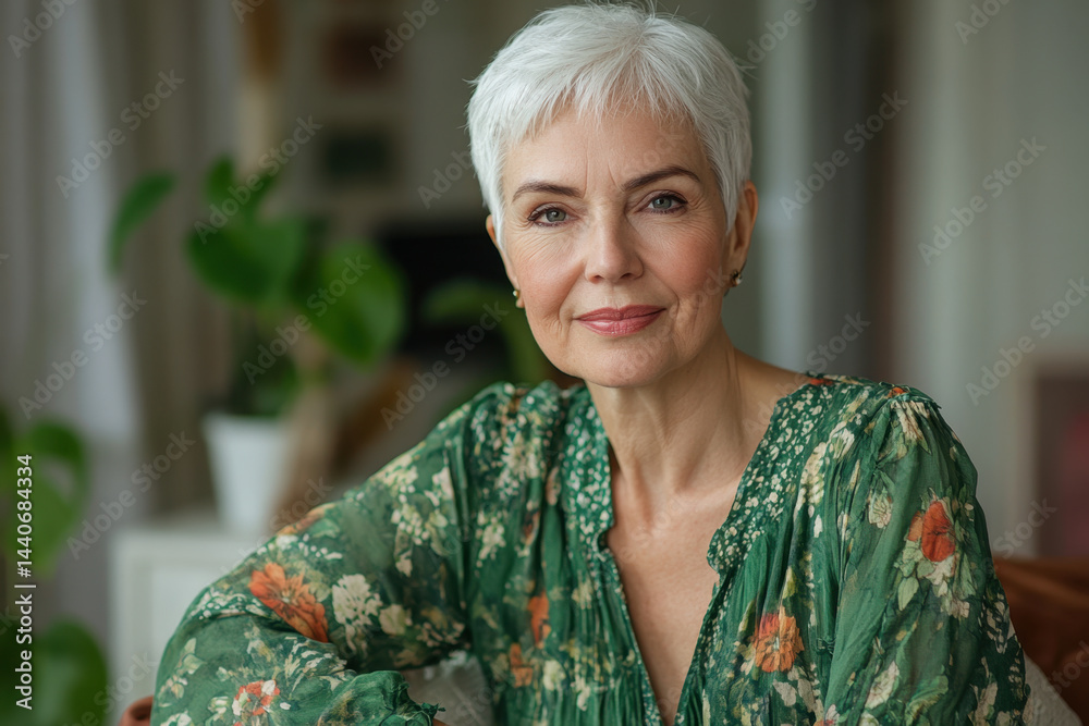 custom made wallpaper toronto digitalWoman with white hair and green floral dress admires sunset over the ocean from a rocky cliff.