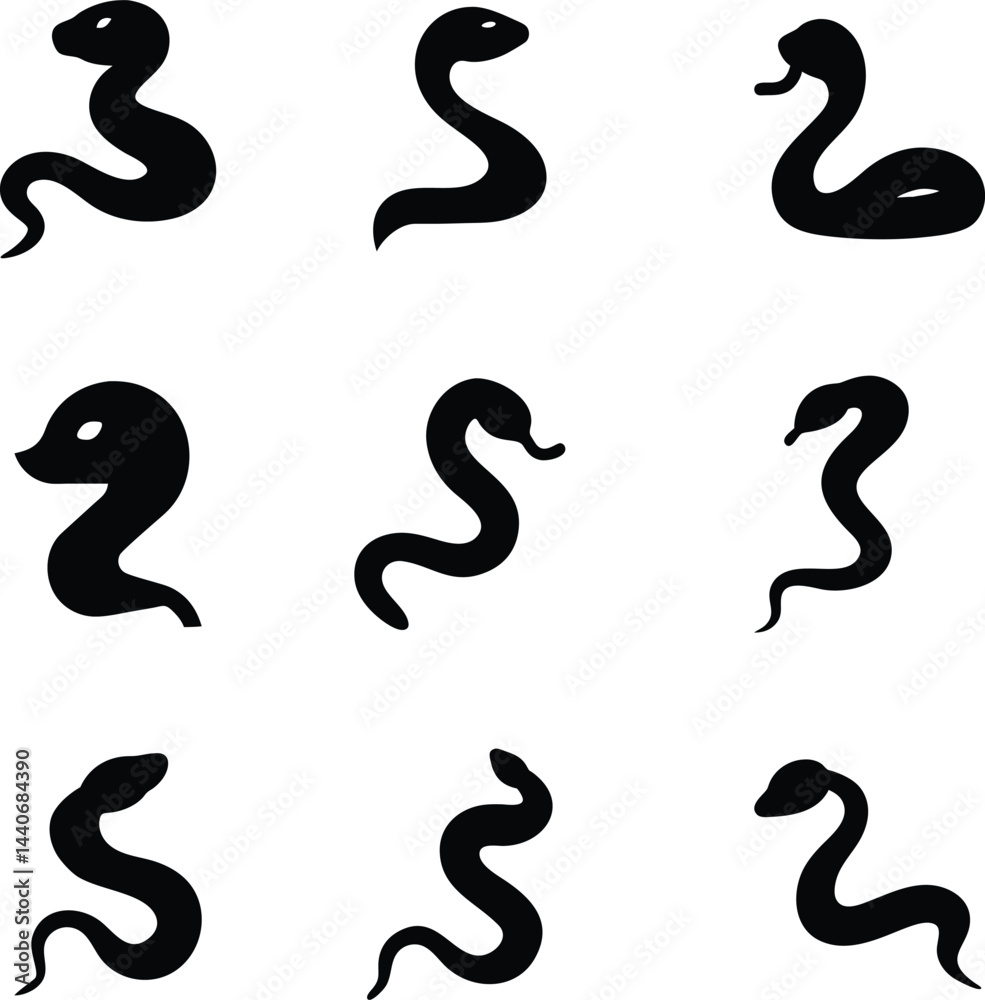 Snake Silhouette Icons. Wild Reptile Vector Set for Nature, Jungle, and Wildlife Designs Snake Silhouette Icons. Wild Reptile Vector Set for Nature, Jungle, and Wildlife Designs