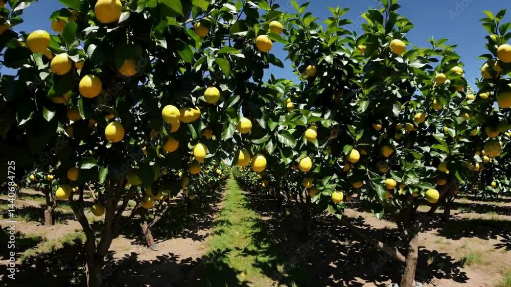 Sunlit lemon orchard with ripe citrus fruits in golden light