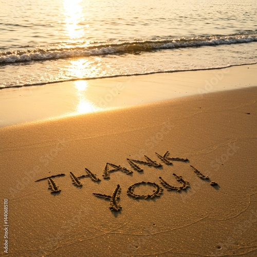 A serene beach scene at sunset, with the words 