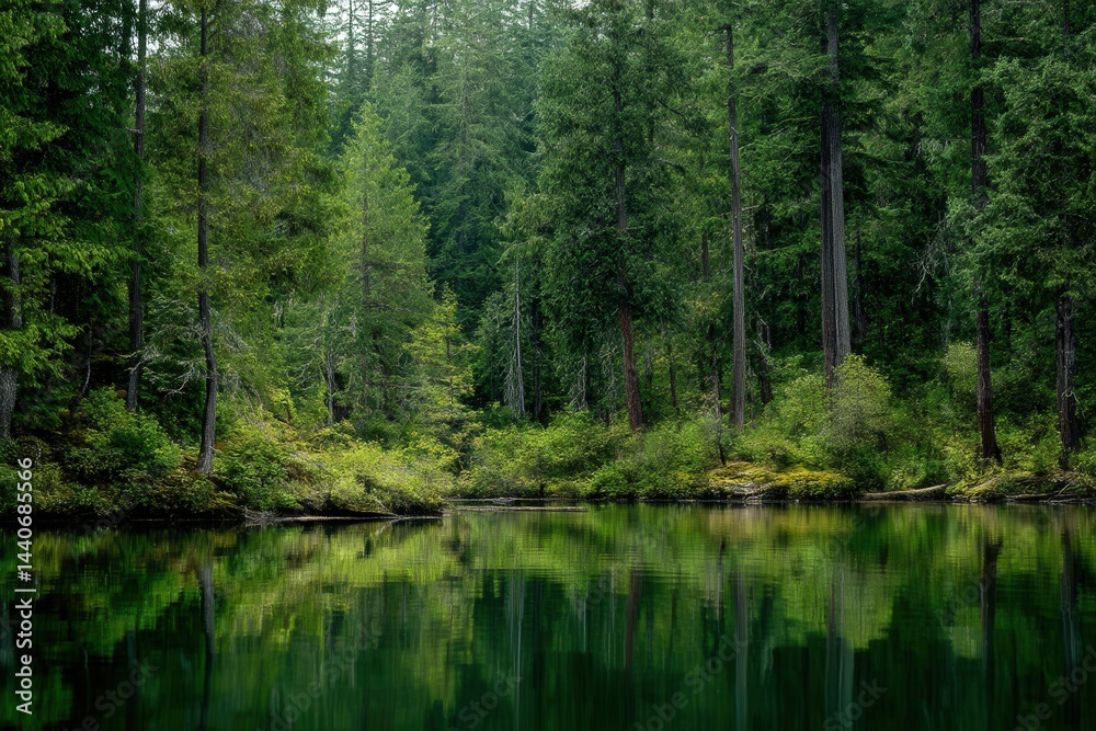 Serene lake reflection amidst lush green forest trees capturing nature's beauty and tranquility with a scenic landscape from a low angle perspective in a peaceful setting Serene lake reflection amidst lush green forest trees capturing nature's beauty and tranquility with a scenic landscape from a low angle perspective in a peaceful setting