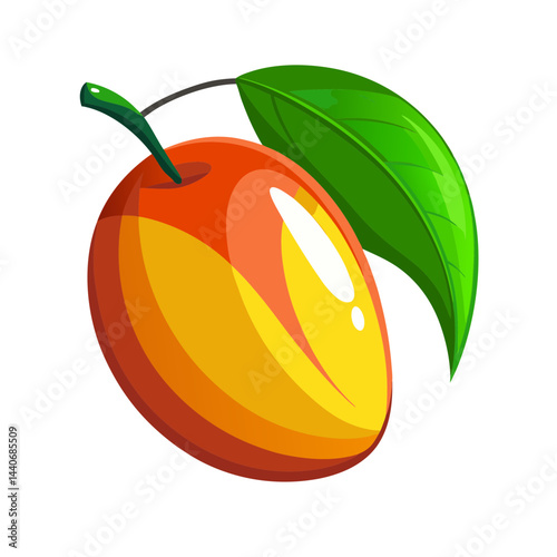 Vibrant Cartoon Illustration of a Ripe Mango with Stem and Leaf