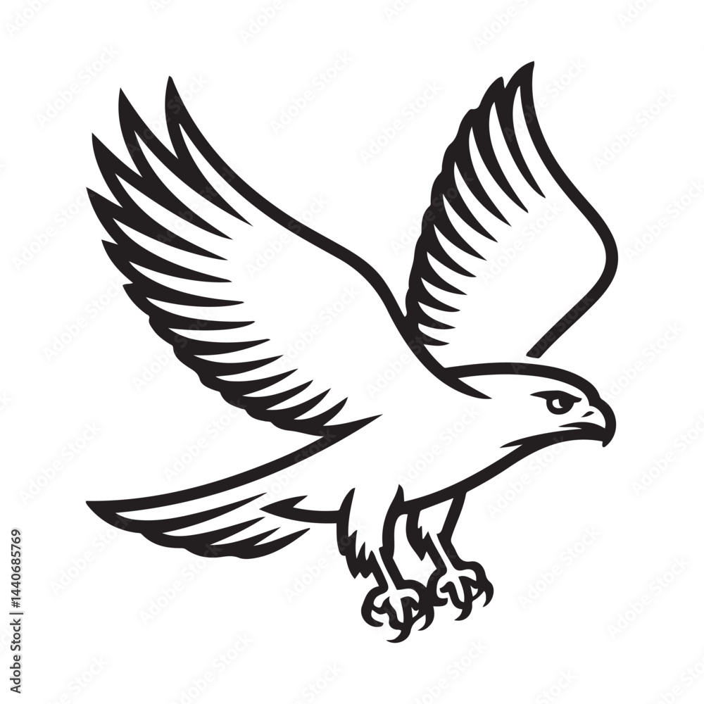 Obraz premium Hawk bird simple black line art image, Black bold outline vector icon, Bird vector illustration. with white background