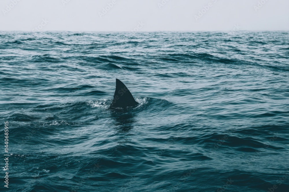 Fototapeta premium Shark fin cutting through the deep blue ocean surface with rippling waves under a gray sky creating a sense of mystery and marine wildlife adventure