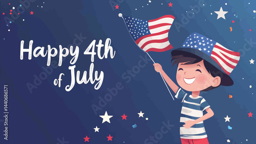 vector illustration text Happy 4th of July A young boy holding a waving waving an USA flag