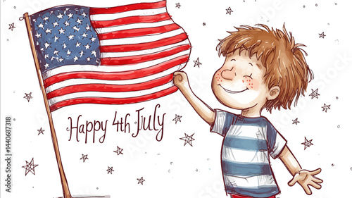 vector illustration text Happy 4th of July A young boy holding a waving waving an USA flag