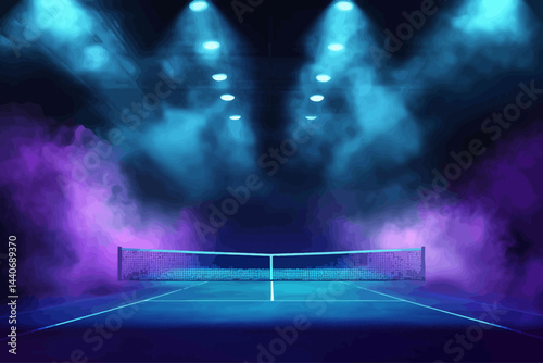 2d vector style ground level shot of a tennis stadium tennis net smoke on both sides dark lighting light rays from top dark colors dark blue turquoise purple