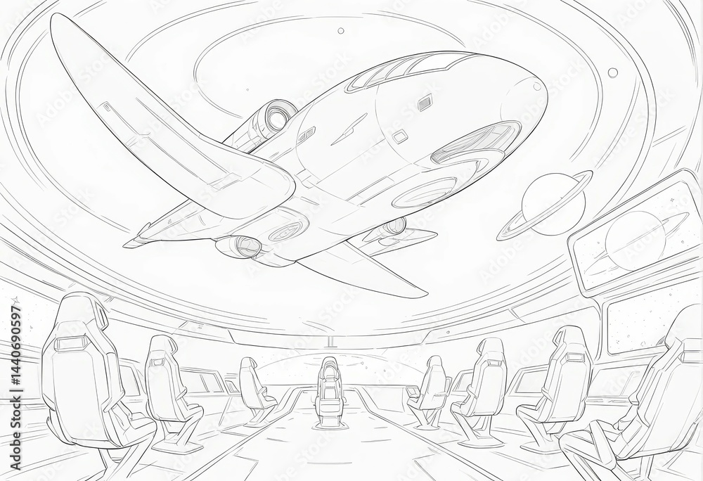 Fototapeta premium Futuristic spaceship interior with seats and cosmic background 