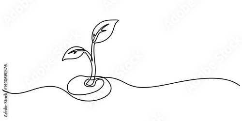 Single line drawing of a plant, growing sprout continuous one line drawing, Plant Icon. Cultivation, Organic, Farming, Seeding, Nature, Sprout Continuous Line Icon, minimal drawing pro vector concept.