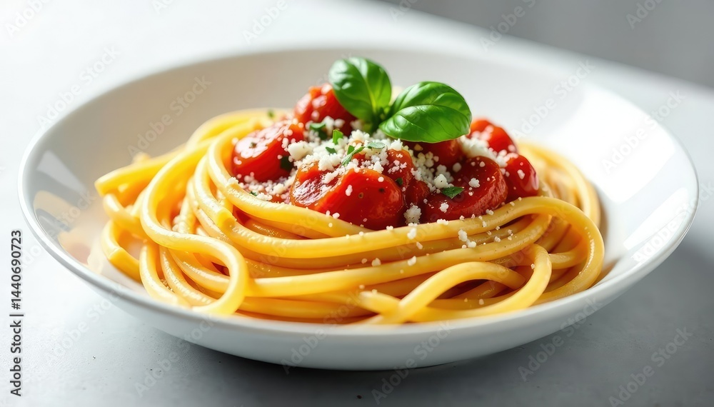 Spaghetti with tomato sauce, parmesan, basil on white , food styling, food photography, lunch Spaghetti with tomato sauce, parmesan, basil on white , food styling, food photography, lunch