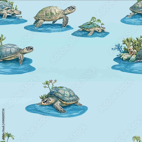 Turtles carrying miniature islands on their backs repeating coral reef patterns aquamarine gradient background Hayao Miyazakistyle vector illustration