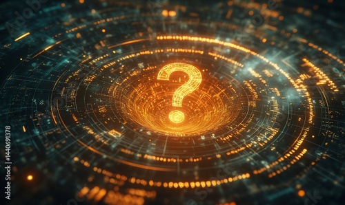 Glowing question mark in a technological abyss