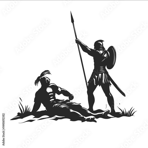 3 Warrior raising spear above fallen enemy SVG Monochrome Black Flat Vector Isolated on White Background