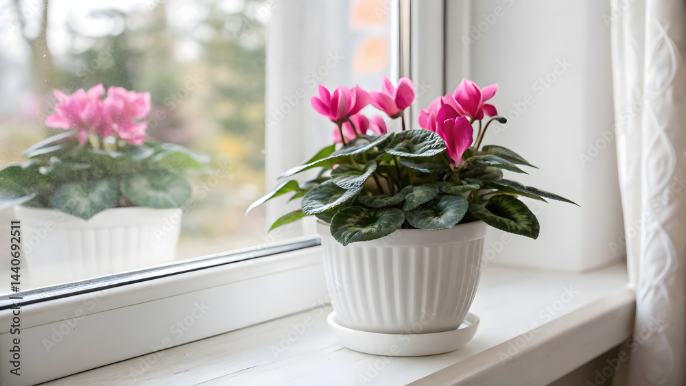 Fototapeta premium Pink cyclamen blooms in a white pot soft light windowsill