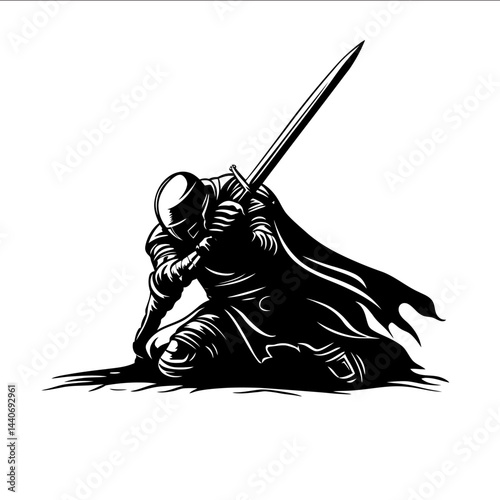 43 Warrior falling but clutching sword to the end SVG Monochrome Black Flat Vector Isolated on White Background
