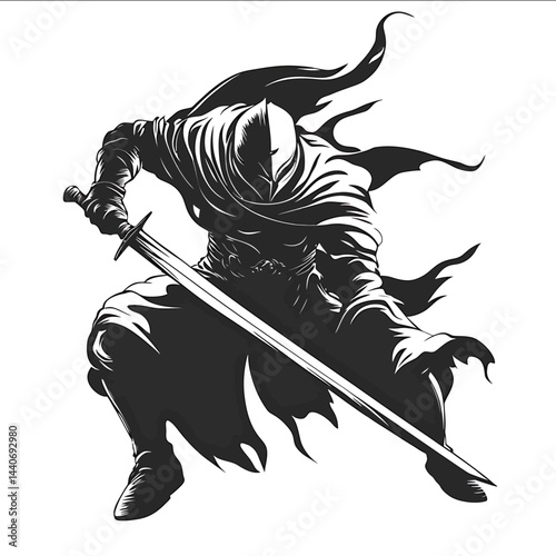43 Warrior falling but clutching sword to the end SVG Monochrome Black Flat Vector Isolated on White Background
