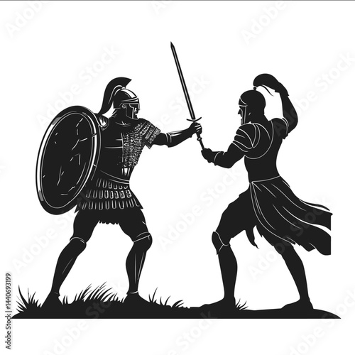 50 Warrior defending comrade against multiple foes SVG Monochrome Black Flat Vector Isolated on White Background