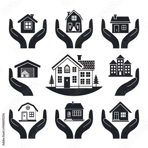 This vector icon set showcases real estate, home, and building symbols for urban and residential design