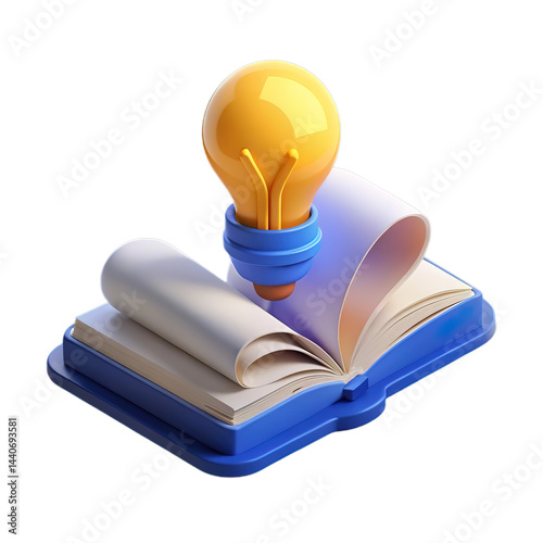 Open blue book with a yellow light bulb above the pages on a transparent background, suitable for educational, knowledge - sharing, and creative inspiration - related projects.