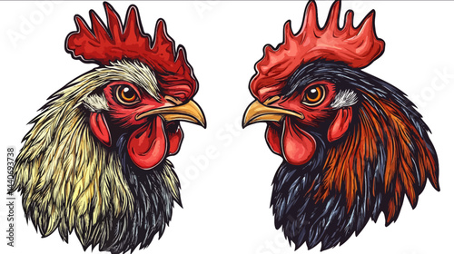set Rooster chicken head art cartoon Vector illustration Beautiful colors white background