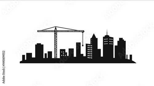 Silhouette of construction site construction crane over buildings Urban development City skyline Element for your design Flat vector illustration Isolated on white background