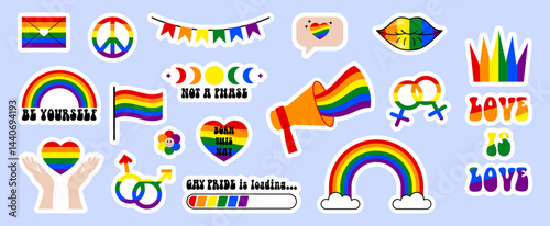 LGBT stickers set on blue background. Pride month badges. Vector illustrations