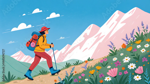 A hiker girl with a backpack enjoys the mountain landscape view under the vast sky during her active adventure