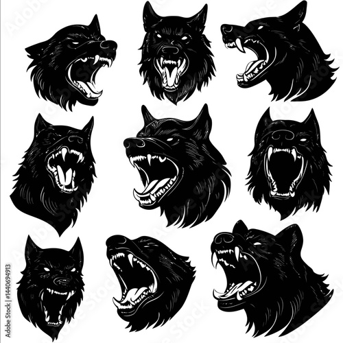 Create a black silhouette vector icon bundle featuring fierce and bold bulidog mascot designs Include aggressive snaring expressions