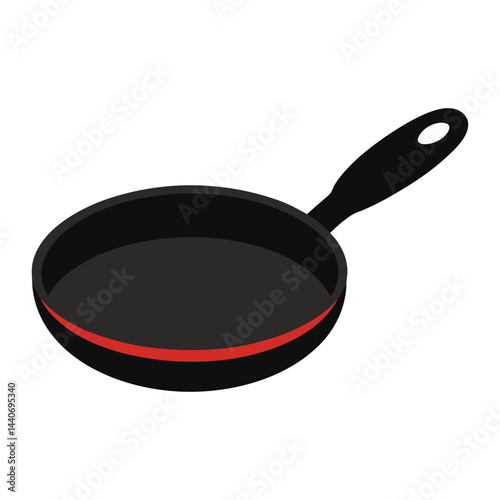 Isometric vector illustration of a black frying pan with red edge simple design