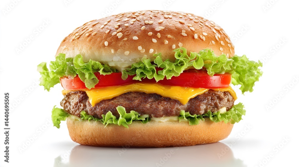 A close up shot of a delicious looking burger with lettuce tomato and cheese on a white background A close up shot of a delicious looking burger with lettuce tomato and cheese on a white background