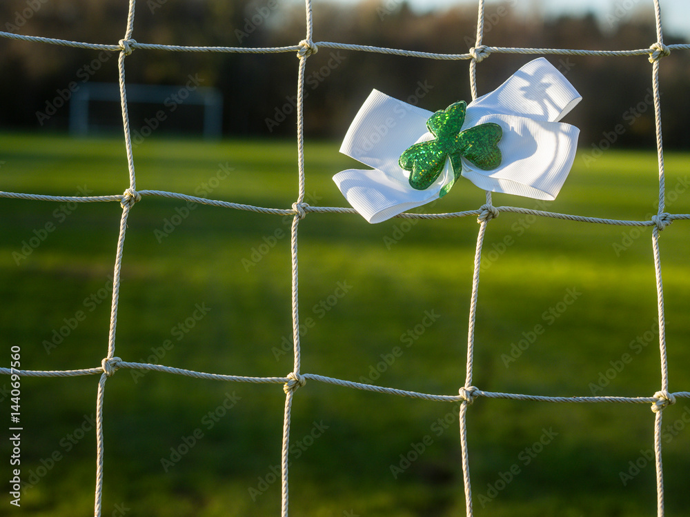 White bow with green Irish shamrock attached on a goal post net. Support for national sport of Ireland, hurling, Gaelic football, rugby, camogie. Selective focus. Boys in green fan base.