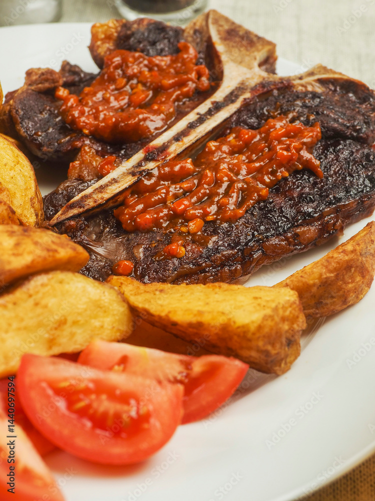 Cooked beef T bone steak with red hot spicy sous. Premium high quality meat served on a plate with wedges and fresh tomato. Fine expensive well done meal. Selective focus
