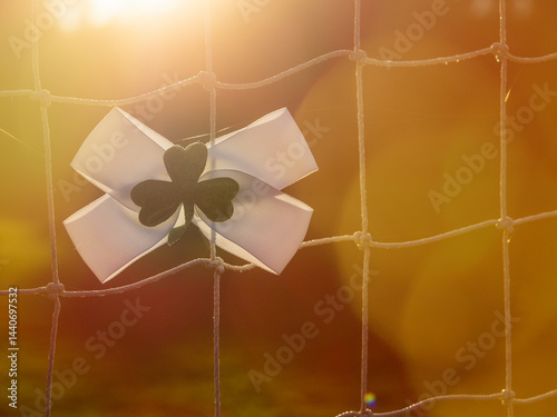 Obraz na płótnie White bow with green Irish shamrock attached on a goal post net. Support for national sport of Ireland, hurling, Gaelic football, rugby, camogie. Selective focus. Boys in green fan base. Sun flare. w salonie