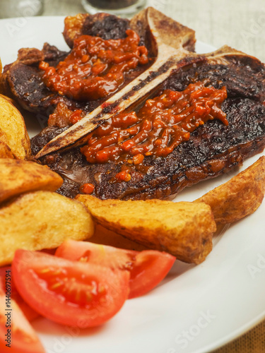 Obraz na płótnie Cooked beef T bone steak with red hot spicy sous. Premium high quality meat served on a plate with wedges and fresh tomato. Fine expensive well done meal. Selective focus w salonie