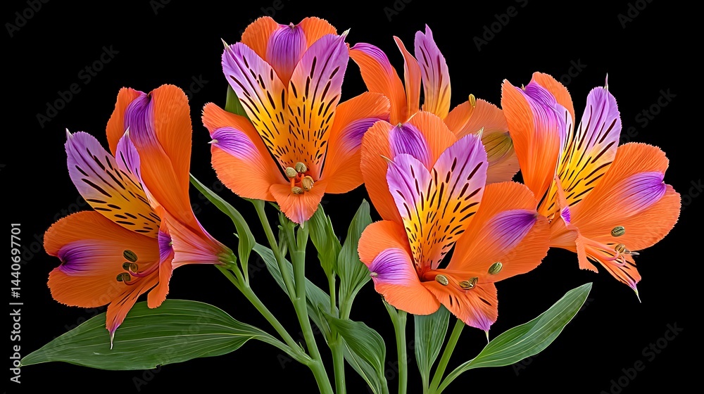Obraz premium Vivid orange, purple and yellow flowers against a black backdrop, vibrant colors, floral