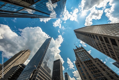 An upward perspective of skyscrapers surging into a bright blue sky with fluffy clouds, creating a striking contrast between urban construction and natural elements overhead - generated by ai