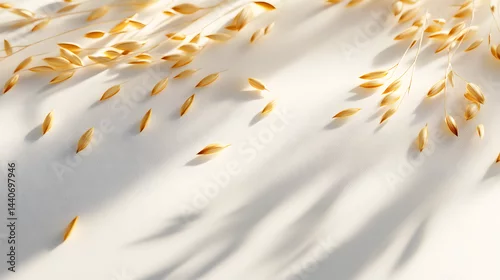 Naklejka A scattering of whole barley grains in golden and beige tones on a smooth white surface, emphasizing their natural shape and texture.