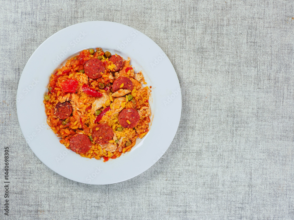 Fine tasty Spanish paella dinner with rice and high quality chorizo sausage on white plate and simple table cloth. Mediterranean style dish. Popular food made from premium ingredients.